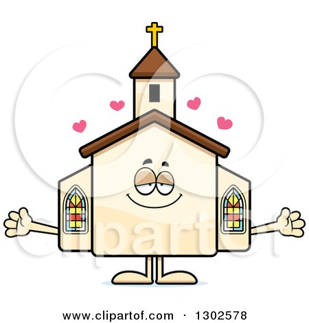 Clipart of a Cartoon Loving Welcoming Church Building Character with Open Arms and Hearts - Royalty Free Vector Illustration by Cory Thoman