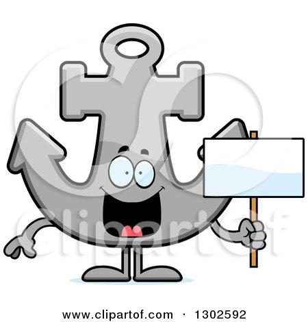 Clipart of a Cartoon Happy Anchor Character Holding a Blank Sign - Royalty Free Vector Illustration by Cory Thoman