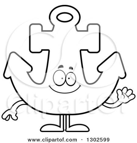 Lineart Clipart of a Cartoon Black and White Happy Anchor Character Waving - Royalty Free Outline Vector Illustration by Cory Thoman