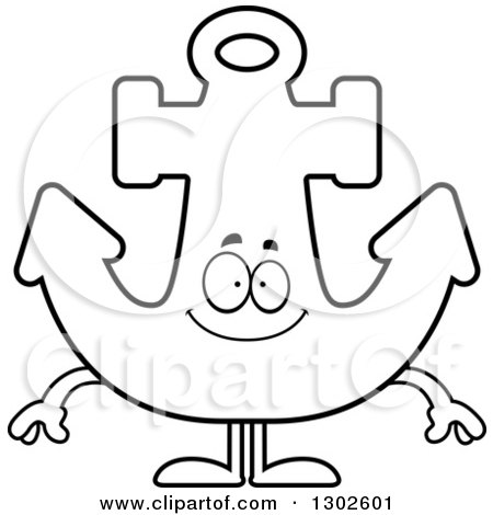 Lineart Clipart of a Cartoon Black and White Happy Anchor Character Smiling - Royalty Free Outline Vector Illustration by Cory Thoman