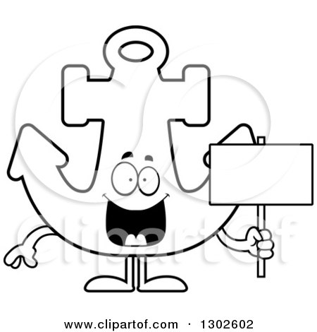 Lineart Clipart of a Cartoon Black and White Happy Anchor Character Holding a Blank Sign - Royalty Free Outline Vector Illustration by Cory Thoman