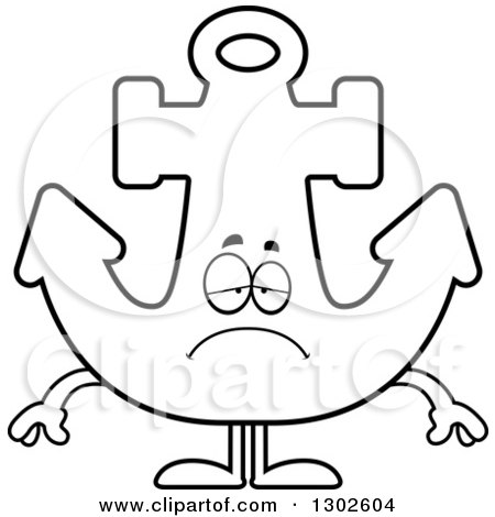 Lineart Clipart of a Cartoon Black and White Sad Depressed Anchor Character Pouting - Royalty Free Outline Vector Illustration by Cory Thoman