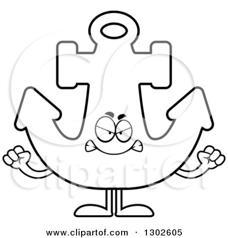 Lineart Clipart of a Cartoon Black and White Mad Anchor Character Holding up Fists - Royalty Free Outline Vector Illustration by Cory Thoman