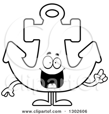 Lineart Clipart of a Cartoon Black and White Happy Smart Anchor Character with an Idea - Royalty Free Outline Vector Illustration by Cory Thoman