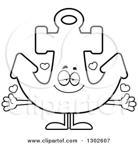 Lineart Clipart of a Cartoon Black and White Loving Anchor Character with Open Arms and Hearts - Royalty Free Outline Vector Illustration by Cory Thoman