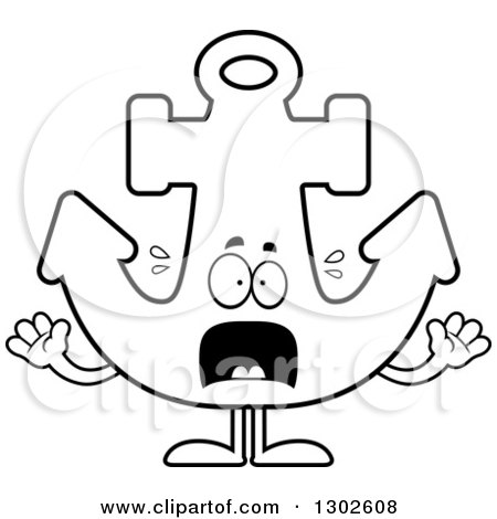Lineart Clipart of a Cartoon Black and White Scared Anchor Character Screaming - Royalty Free Outline Vector Illustration by Cory Thoman
