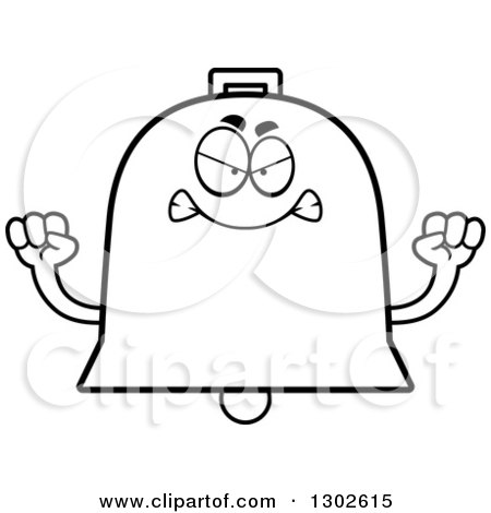Lineart Clipart of a Cartoon Black and White Mad Bell Character Holding up Fists - Royalty Free Outline Vector Illustration by Cory Thoman
