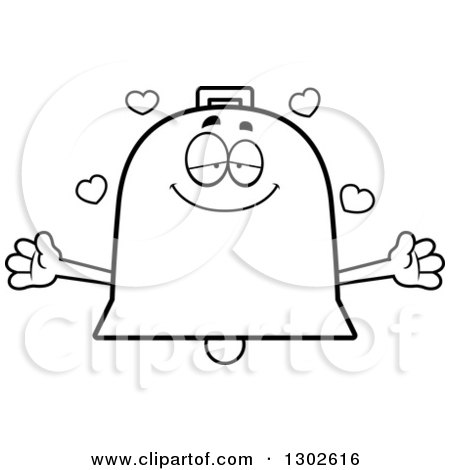 Lineart Clipart of a Cartoon Black and White Loving Bell Character with Open Arms and Hearts - Royalty Free Outline Vector Illustration by Cory Thoman