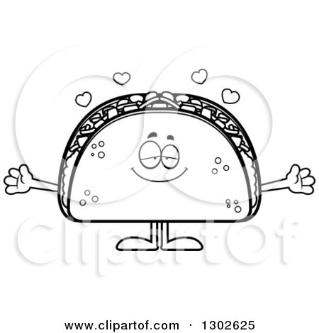 Lineart Clipart of a Cartoon Black and White Loving Taco Food Mascot Character with Open Arms and Hearts - Royalty Free Outline Vector Illustration by Cory Thoman
