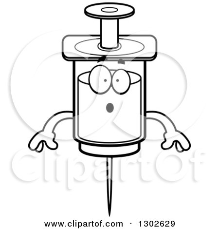 Lineart Clipart of a Cartoon Black and White Surprised Vaccine Syringe Character Gasping - Royalty Free Outline Vector Illustration by Cory Thoman