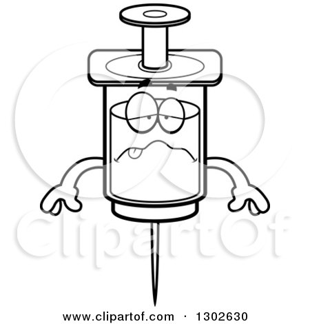 Lineart Clipart of a Cartoon Black and White Sick Vaccine Syringe Character - Royalty Free Outline Vector Illustration by Cory Thoman