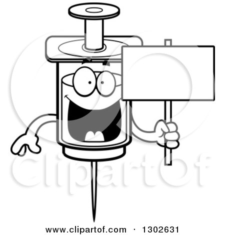 Lineart Clipart of a Cartoon Black and White Happy Vaccine Syringe Character Holding a Blank Sign - Royalty Free Outline Vector Illustration by Cory Thoman