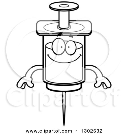 Lineart Clipart of a Cartoon Black and White Happy Vaccine Syringe Character Smiling - Royalty Free Outline Vector Illustration by Cory Thoman
