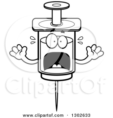 Lineart Clipart of a Cartoon Black and White Scared Vaccine Syringe Character Screaming - Royalty Free Outline Vector Illustration by Cory Thoman