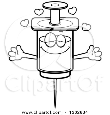 Lineart Clipart of a Cartoon Black and White Loving Vaccine Syringe Character with Open Arms and Hearts - Royalty Free Outline Vector Illustration by Cory Thoman