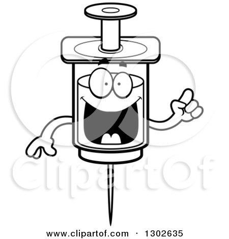 Lineart Clipart of a Cartoon Black and White Smart Vaccine Syringe Character with an Idea - Royalty Free Outline Vector Illustration by Cory Thoman