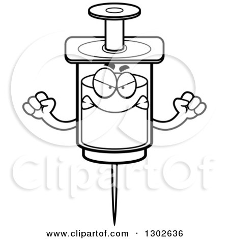 Lineart Clipart of a Cartoon Black and White Mad Vaccine Syringe Character Holding up a Fist - Royalty Free Outline Vector Illustration by Cory Thoman