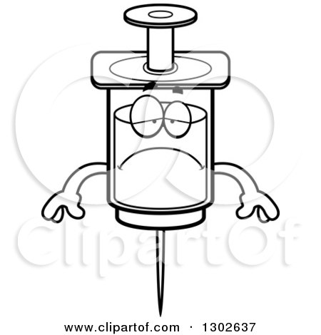 Lineart Clipart of a Cartoon Black and White Sad Depressed Vaccine Syringe Character Pouting - Royalty Free Outline Vector Illustration by Cory Thoman