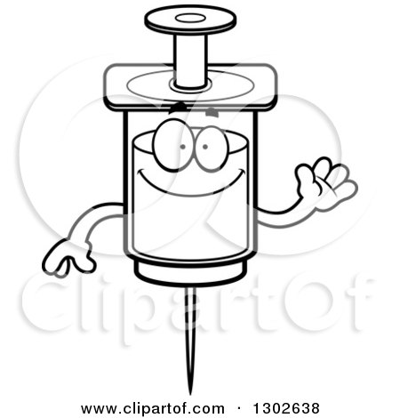 Lineart Clipart of a Cartoon Black and White Friendly Happy Vaccine Syringe Character Waving - Royalty Free Outline Vector Illustration by Cory Thoman