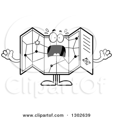 Lineart Clipart of a Cartoon Black and White Scared Road Map Atlas Character Screaming - Royalty Free Outline Vector Illustration by Cory Thoman