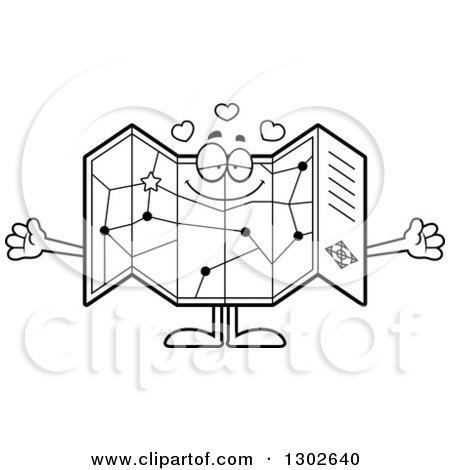 Lineart Clipart of a Cartoon Black and White Loving Road Map Atlas Character with Open Arms and Hearts - Royalty Free Outline Vector Illustration by Cory Thoman