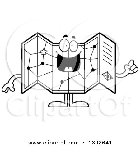 Lineart Clipart of a Cartoon Black and White Smart Road Map Atlas Character Holding up a Finger - Royalty Free Outline Vector Illustration by Cory Thoman