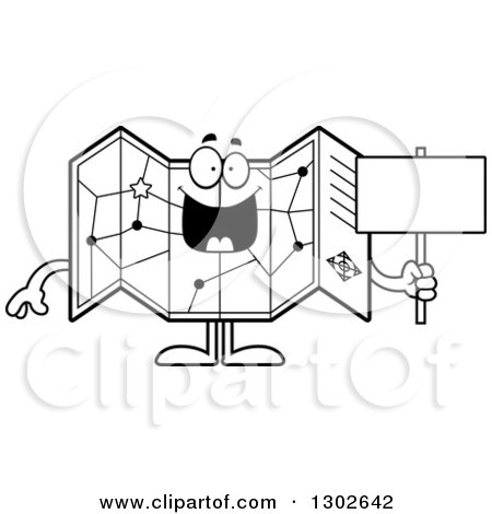 Lineart Clipart of a Cartoon Black and White Happy Road Map Atlas Character Holding a Blank Sign - Royalty Free Outline Vector Illustration by Cory Thoman