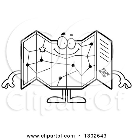 Lineart Clipart of a Cartoon Black and White Happy Road Map Atlas Character Smiling - Royalty Free Outline Vector Illustration by Cory Thoman