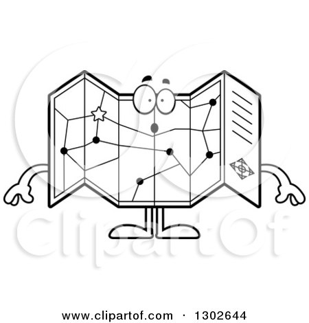 Lineart Clipart of a Cartoon Black and White Surprised Road Map Atlas Character Gasping - Royalty Free Outline Vector Illustration by Cory Thoman
