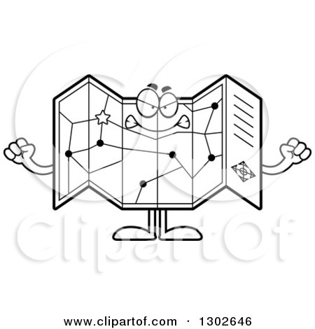 Lineart Clipart of a Cartoon Black and White Mad Road Map Atlas Character Holding up Fists - Royalty Free Outline Vector Illustration by Cory Thoman
