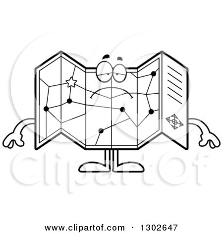 Lineart Clipart of a Cartoon Black and White Sad Depressed Road Map Atlas Character Pouting - Royalty Free Outline Vector Illustration by Cory Thoman