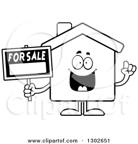 Lineart Clipart of a Cartoon Black and White Happy Smart for Sale House with an Idea - Royalty Free Outline Vector Illustration by Cory Thoman