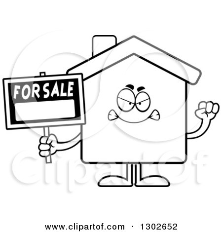 Lineart Clipart of a Cartoon Black and White Mad for Sale House Holding up a Fist - Royalty Free Outline Vector Illustration by Cory Thoman