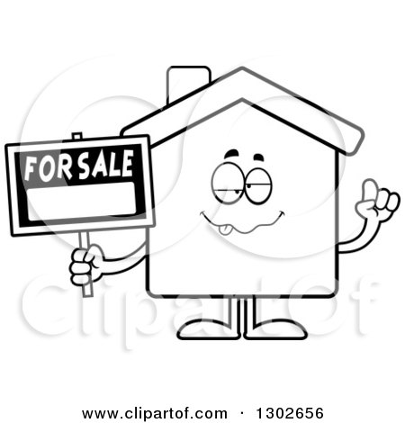 Lineart Clipart of a Cartoon Black and White Sick or Drunk for Sale House Holding a Sign - Royalty Free Outline Vector Illustration by Cory Thoman