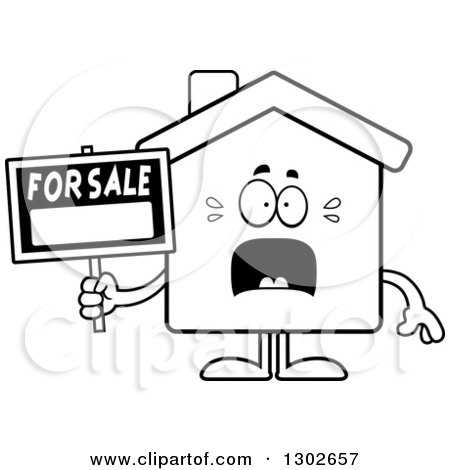 Lineart Clipart of a Cartoon Black and White Scared for Sale House Screaming - Royalty Free Outline Vector Illustration by Cory Thoman