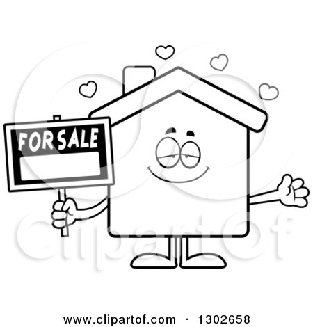 Lineart Clipart of a Cartoon Black and White Loving for Sale House with Open Arms and Hearts - Royalty Free Outline Vector Illustration by Cory Thoman