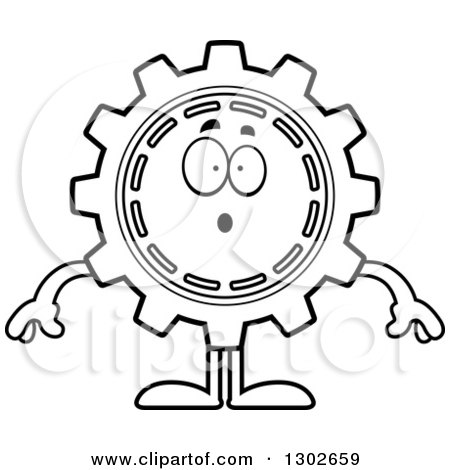 Lineart Clipart of a Cartoon Black and White Surprised Gear Cog Wheel Character Gasping - Royalty Free Outline Vector Illustration by Cory Thoman