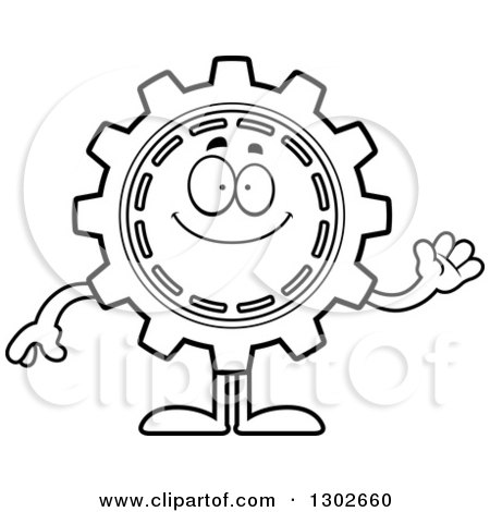 Lineart Clipart of a Cartoon Black and White Friendly Gear Cog Wheel Character Waving - Royalty Free Outline Vector Illustration by Cory Thoman