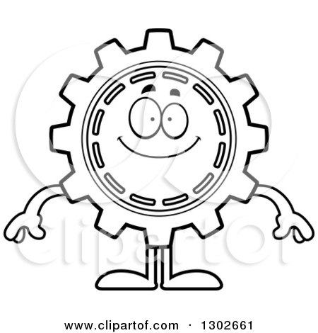 Lineart Clipart of a Cartoon Black and White Happy Gear Cog Wheel Character Smiling - Royalty Free Outline Vector Illustration by Cory Thoman