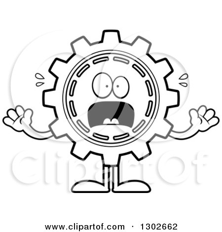 Lineart Clipart of a Cartoon Black and White Scared Gear Cog Wheel Character Screaming - Royalty Free Outline Vector Illustration by Cory Thoman