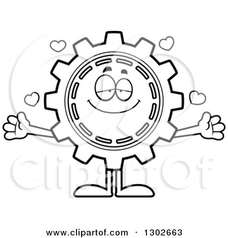 Lineart Clipart of a Cartoon Black and White Loving Gear Cog Wheel Character with Open Arms and Hearts - Royalty Free Outline Vector Illustration by Cory Thoman