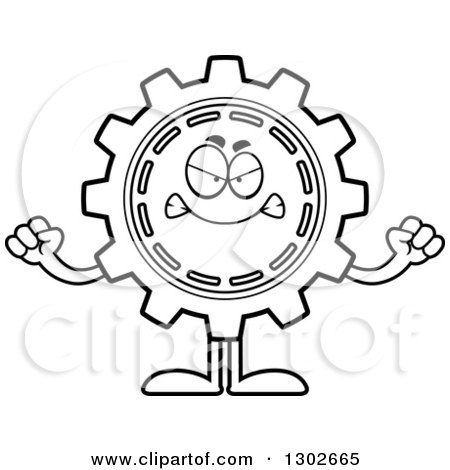 Lineart Clipart of a Cartoon Black and White Mad Gear Cog Wheel Character Holding up Fists - Royalty Free Outline Vector Illustration by Cory Thoman
