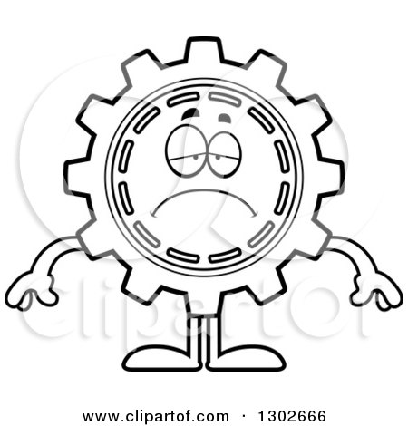 Lineart Clipart of a Cartoon Black and White Sad Depressed Gear Cog Wheel Character Pouting - Royalty Free Outline Vector Illustration by Cory Thoman