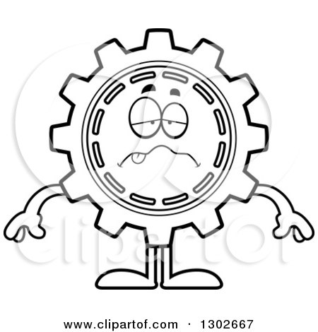 Lineart Clipart of a Cartoon Black and White Sick Gear Cog Wheel Character - Royalty Free Outline Vector Illustration by Cory Thoman