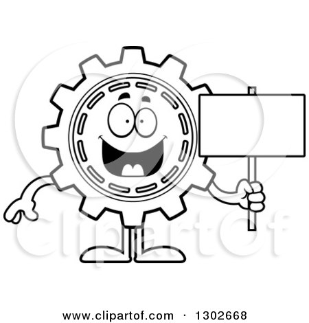Lineart Clipart of a Cartoon Black and White Happy Gear Cog Wheel Character Holding a Blank Sign - Royalty Free Outline Vector Illustration by Cory Thoman