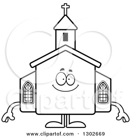 Lineart Clipart of a Cartoon Black and White Happy Church Building Character Smiling - Royalty Free Outline Vector Illustration by Cory Thoman