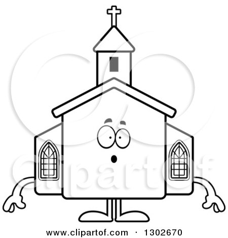 Lineart Clipart of a Cartoon Black and White Surprised Gasping Church Building Character - Royalty Free Outline Vector Illustration by Cory Thoman