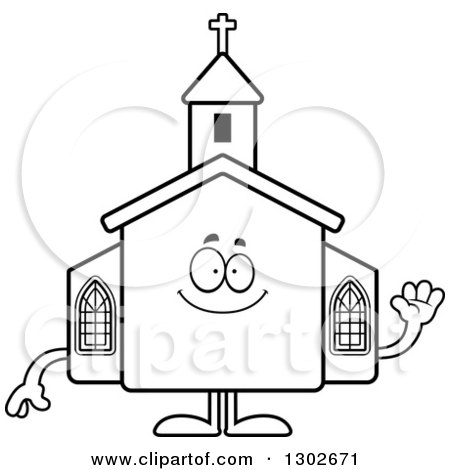 Lineart Clipart of a Cartoon Black and White Happy Friendly Church Building Character Waving - Royalty Free Outline Vector Illustration by Cory Thoman