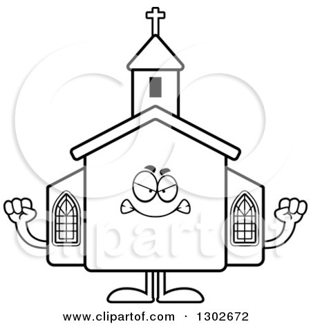 Lineart Clipart of a Cartoon Black and White Mad Church Building Character Holding up Fists - Royalty Free Outline Vector Illustration by Cory Thoman
