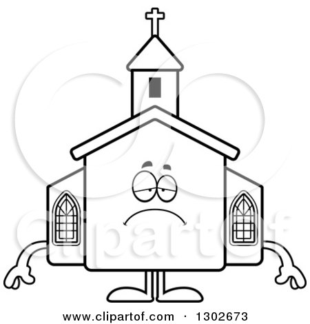 Lineart Clipart of a Cartoon Black and White Sad Depressed Church Building Character Pouting - Royalty Free Outline Vector Illustration by Cory Thoman